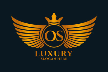 Luxury royal wing Letter OS crest Gold color Logo vector, Victory logo, crest logo, wing logo, vector logo template.