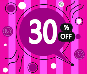 Vector illustration 30% off banner. pink label