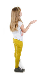 Back view of young girl confusing. Shocked little girl with hands up. Isolated on white background 