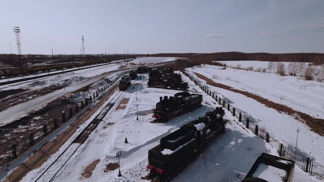 Railway Museum, steam locomotive,  aerial photography of trains on a sunny winter day