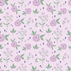Floral seamless pattern with purple daisy flower and leaves on pastel violet background vector illustration.