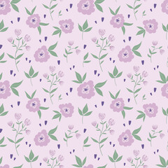 Floral seamless pattern with purple daisy flower and leaves on pastel violet background vector illustration.