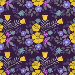 Tuinposter Yellow and purple flowers on deep purple color background seamless pattern. © teerawat