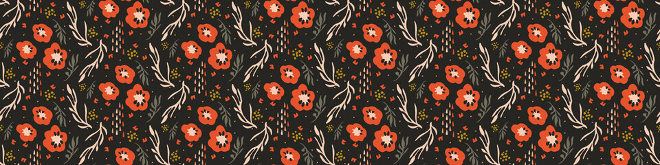 Dark boho flowers seamless border pattern in trendy ditsy wildflower style. Hand drawn organic botanical fashion edging trim. Modern summer garden bloom in vintage cottage core ribbon style