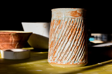 Ceramic art made from pottery displayed in a working ceramics studio