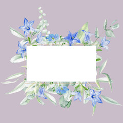 Watercolor frame with bluebell flowers and eucalyptus