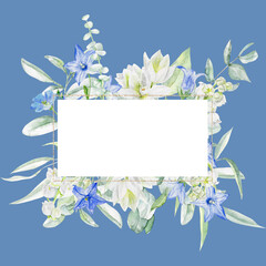 Watercolor frame with daffodils, bluebell flowers and eucalyptus