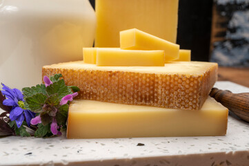 Swiss cheese collection, gruyere cheese made from unpasteurized cow's milk