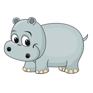 Vector illustration of cute hippo isolated in cartoon style on white background. Use for kids app, game, book, clothing print T-shirt print, baby shower.