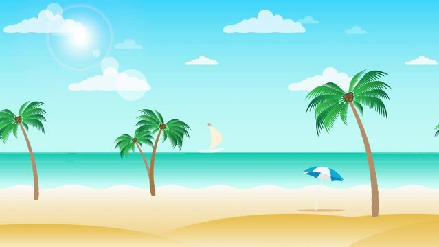 Beautiful beach landscape animation with palm trees - moving along sea side view. Seamless loopable background.