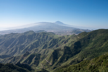 Fototapeta na wymiar Panoramic view on green mountains of Anaga national park, North of Tenerife, Canary islands, Spain