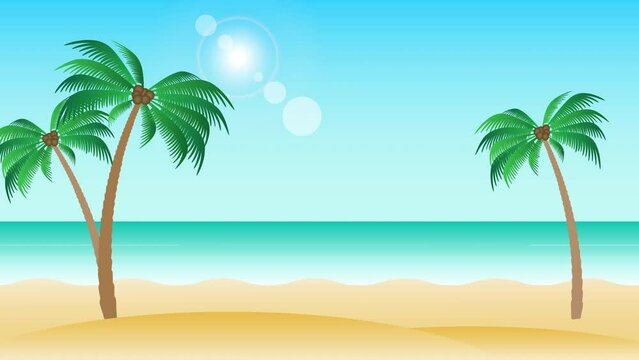 Beautiful beach landscape animation with palm trees sea side view. Seamless loopable background.