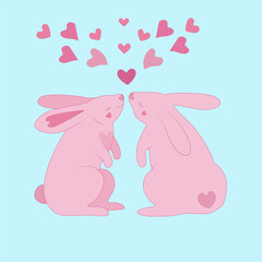 Two pink cartoon rabbits on a blue background with hearts