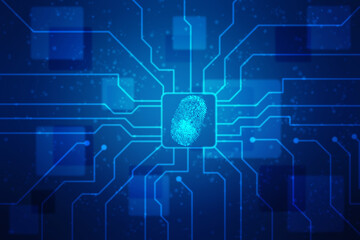 Fototapeta premium Abstract security system concept with fingerprint on technology background, Fingerprint Scanning Identification System. Biometric Authorization and Business Security Concept