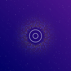 A large white contour record media symbol in the center, surrounded by small dots. Dots of different colors in the shape of a ball. Vector illustration on dark blue gradient background with stars