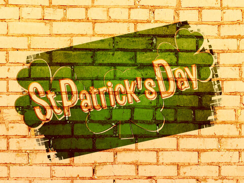 Lucky St Patrick's Day Gold Brick Wall Graffiti Green Mural Holiday Sign Celebration Shamrock Painting Lounge Bar Clover Building