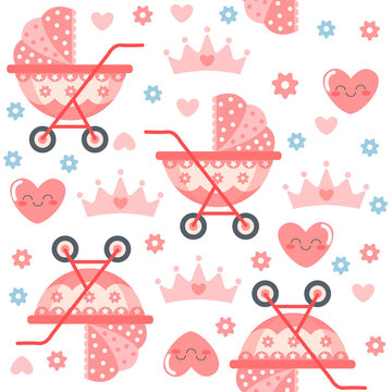 Children's vector seamless pattern with stroller, crown and hearts in pink