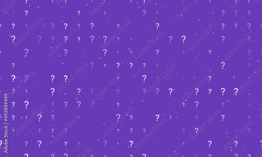 Poster seamless background pattern of evenly spaced white question symbols of different sizes and opacity. 
