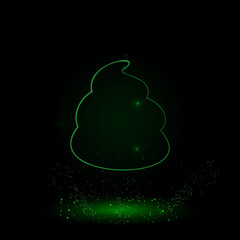 A large green outline poop symbol on the center. Green Neon style. Neon color with shiny stars. Vector illustration on black background