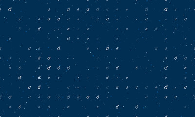 Seamless background pattern of evenly spaced white demiboy symbols of different sizes and opacity. Vector illustration on dark blue background with stars