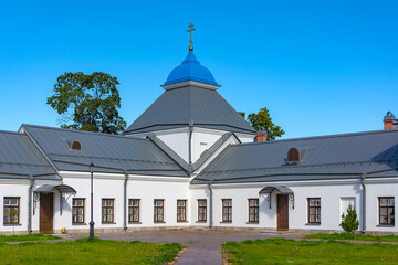 Fototapeta na wymiar Konevets Island, the inner part of the monastery square and the church in the name of St. Arseny