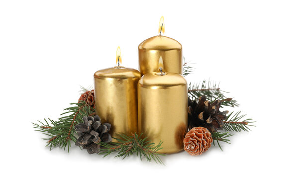 Burning Golden Candles With Christmas Decor Isolated On White