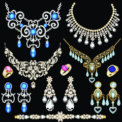 Illustration set of gold jewelry necklace, earrings, rings, bracelets with precious stones
