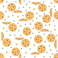 Vector seamless pattern with sponge cookies. Cookies with chocolate chips on a white background . Suitable for wrapping, packaging, fabric, etc