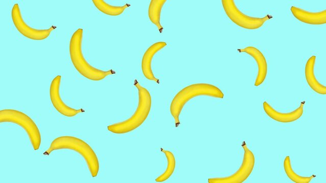 Abstract colorful animation - bananas rotating at color background. Seamless loop animation.