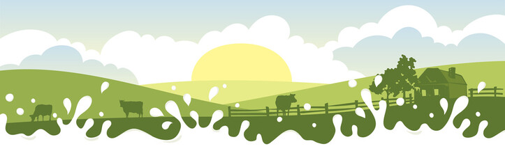 Abstract rural landscape with cows, farm house and milky river. Vector illustration, fields and meadows  © imagination13
