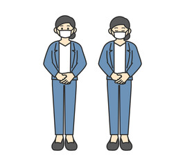 お辞儀をするマスクをつけたビジネスパーソンのイラスト素材