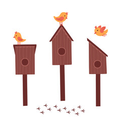 Birdhouse and bird set. Vector Illustration for printing, backgrounds, covers, packaging, greeting cards, posters, stickers, textile and seasonal design. Isolated on white background.