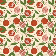 hand drawn juicy pomegranates with leaves and twigs. endless pattern with red fruits. pomegranate vector illustration. rich pattern with floral motif.
