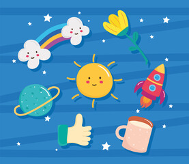 cute icons over blue background