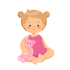 Cute little girl in a dress. A child with a teddy bear toy. The toddler girl. Vector illustration in cartoon style isolated on a white background.