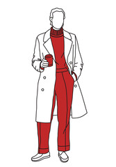 Man stands and holds a cup of coffee, tea, cocoa or other drink in his hands. Minimalism. Lin art and dark red color. Vector graphic.