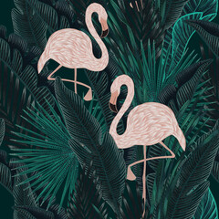 seamless pattern with graceful delicate pink flamingos in emerald rich lush exotic foliage. Graphic design surface pattern. Textile design, wallpaper decor