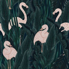 Fototapety  seamless pattern with graceful delicate pink flamingos in emerald rich lush exotic foliage. Graphic design surface pattern. Textile design, wallpaper decor