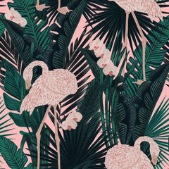 seamless pattern with graceful delicate pink flamingos in emerald rich lush exotic foliage. Graphic design surface pattern. Textile design, wallpaper decor