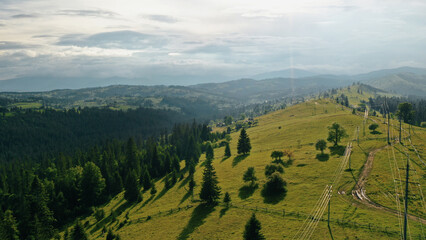 Aerial view: fields and mountains of the Carpathians, Ukraine