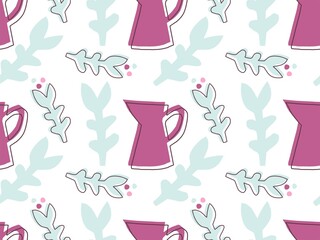 Flower seamless pattern. Colored hand drawn sketch isolated on white. Silhouette vector illustration. Branches, vase. Childish scissors cutting collage effect. For textile, wrapping paper, wallpaper.