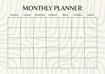 Creative pastel colored monthly planner template. Abstract stripes blank printable goal setting sheet - obrazy, fototapety, plakaty