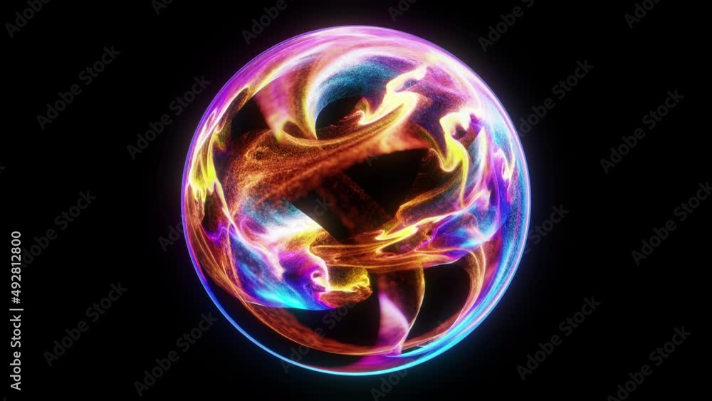 Poster abstract neon sphere with luminous swirling and glowing particles. energy moving through space and t