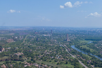 Nature from above. Panoramic view of the industrial city of Krivoy Rog in Ukraine. Beautiful landscape.