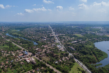 Nature from above. Panoramic view of the industrial city of Krivoy Rog in Ukraine. Beautiful landscape.