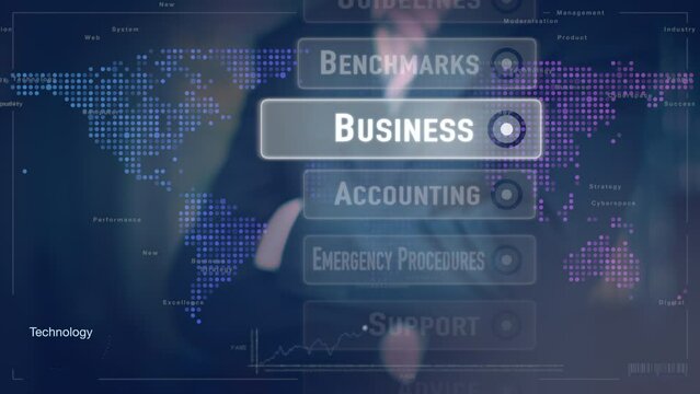 Emergency Procedures. A businessman selecting an Emergency Procedures business concept on a futuristic screen.