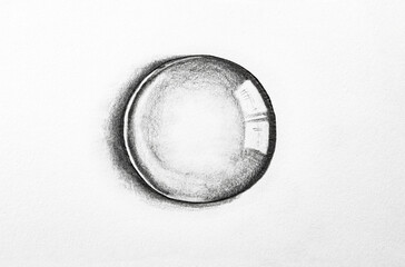 Pencil drawing of a single water drop with reflection drawn on water color artist paper.
