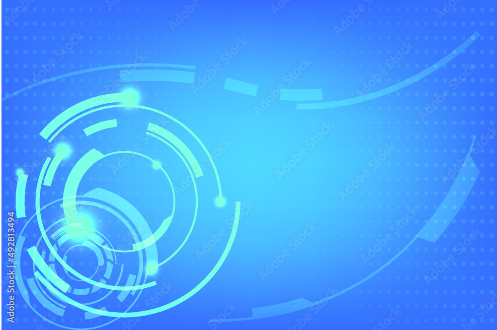 Poster technology circle background with abstract line of network. blue redial light with half tone in back