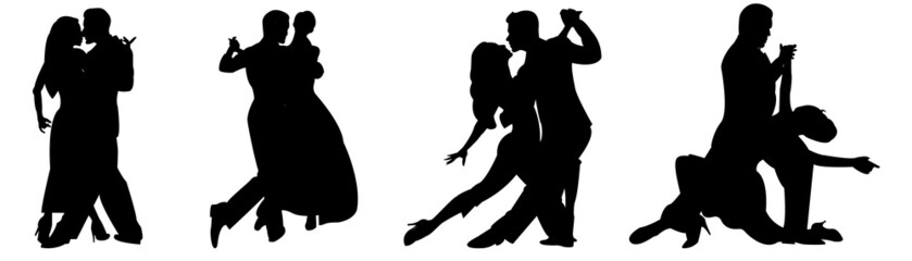 Set of black silhouettes of dancing couples. Ladies and gentlemen dancing tango. Men and women dance tango. Vector illustration isolated on white background - obrazy, fototapety, plakaty