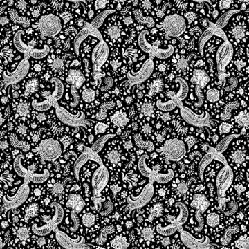 Floral seamless pattern of hand drawn black fantasy peacock bird, paisley elements, fairy tale flower, foliage on a black background. Textile print, wallpaper, wrapping paper